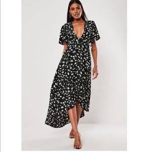 Black Floral Dip Hem Midi Dress
